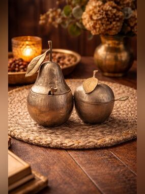 Solid Metal Pear & Apple Lidded Server Set • Sculptural Fruit Motif • Gourmet